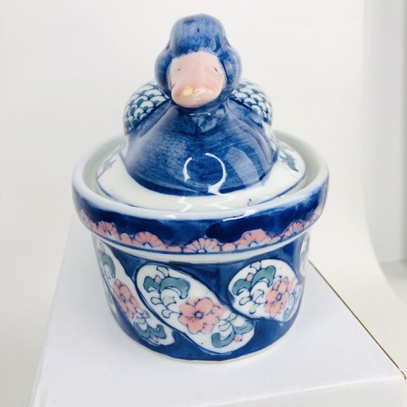 VTG Blue Duck on a Nest Figural Lid Trinket Dish Bowl Floral Cottage Farmhouse - Picture 6 of 7
